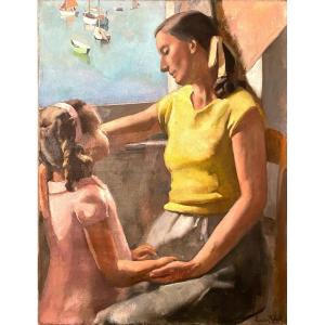 Maternal Tenderness Lisbeth & Madeleine Weil In Erquy Oil On Canvas By Lucien Weil 1902-1963