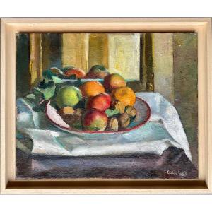 Oil On Canvas By Lucien Weil 1903 1963 - Still Life With Fruit And Reflection