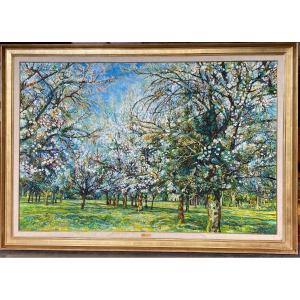 View Of A Spring Orchard Very Large Oil On Canvas By Etienne Le Compte 1931 - 2010