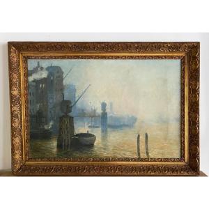Large Oil On Canvas Docks Loading Unloading London 1908 Signed Dated Located 92x60 Cm
