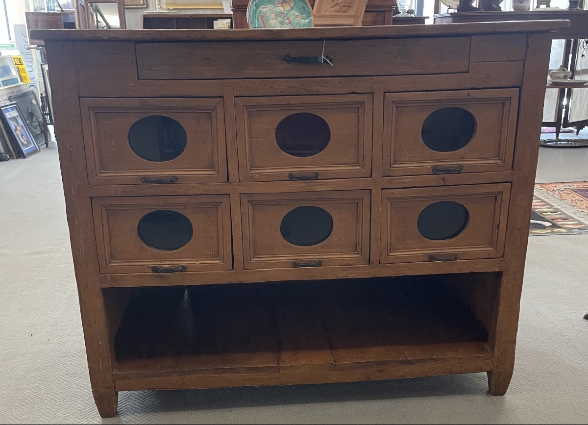 Antique General Store Cabinet With Glass-fronted Drawers, Italy, Circa 1920
