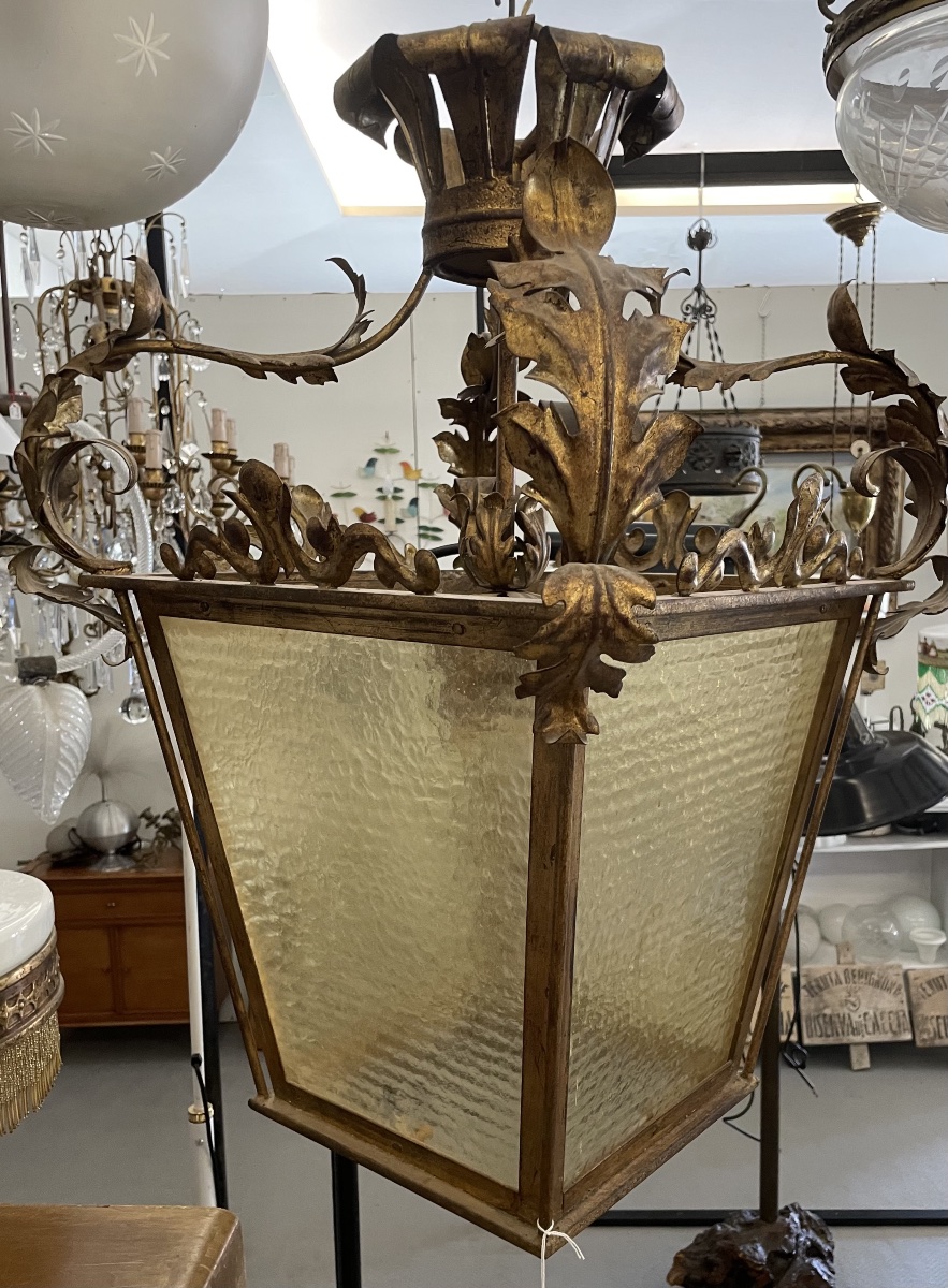 Large, Antique Gilded Metal Lantern, 19th Century 