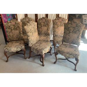 6 Louis XIV Walnut Chairs, Veneto, Early 18th Century