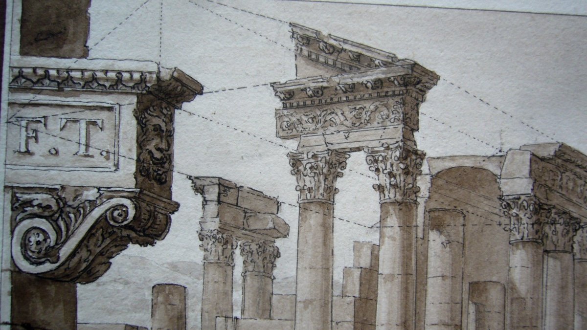 Drawing, Lavis, Study Of Architecture Early XIXth-photo-4