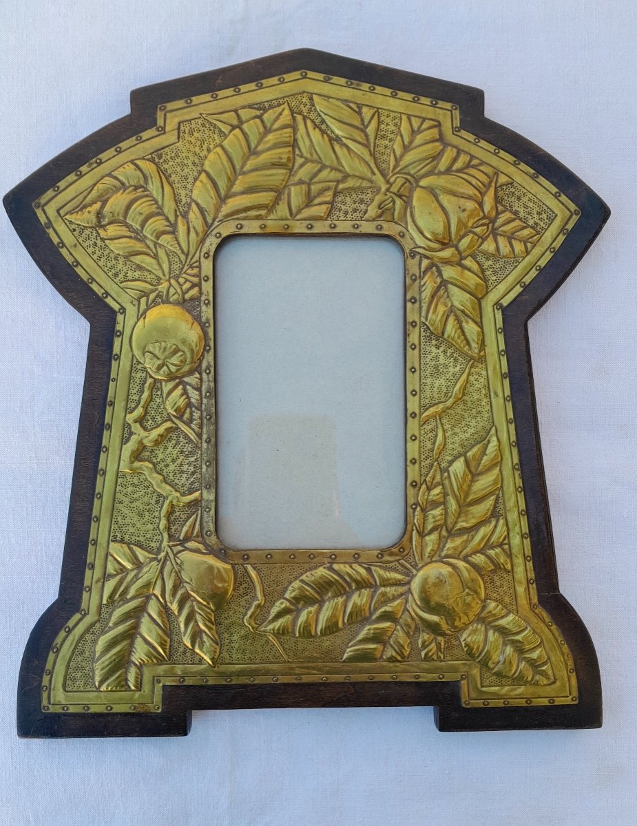 Small Frame In Wood And Repoussé Brass, Art Nouveau.