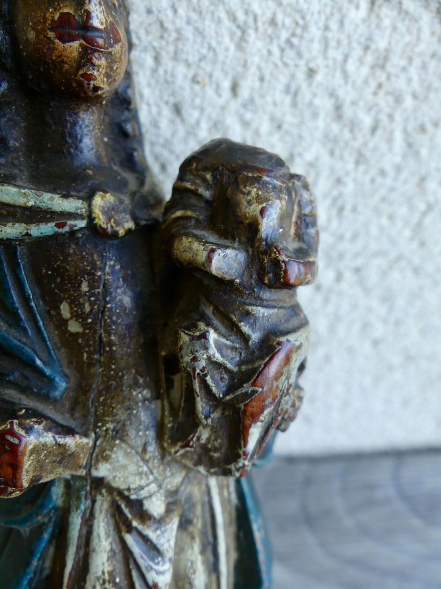 Petite vierge à l'enfant en bois polychrome et sculpté, XVII ème.-photo-4