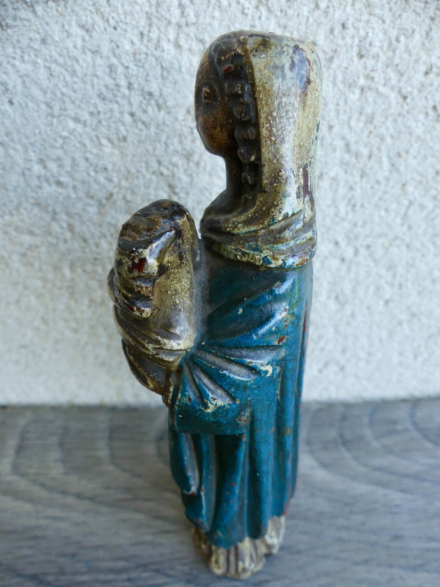 Petite vierge à l'enfant en bois polychrome et sculpté, XVII ème.-photo-3