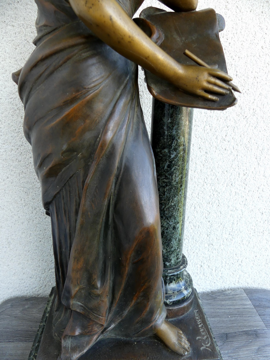 Sculpture, Young Woman, Spelter, Marble,  "poésie", Circa 1900 By H.levasseur, Art Nouveau.-photo-3