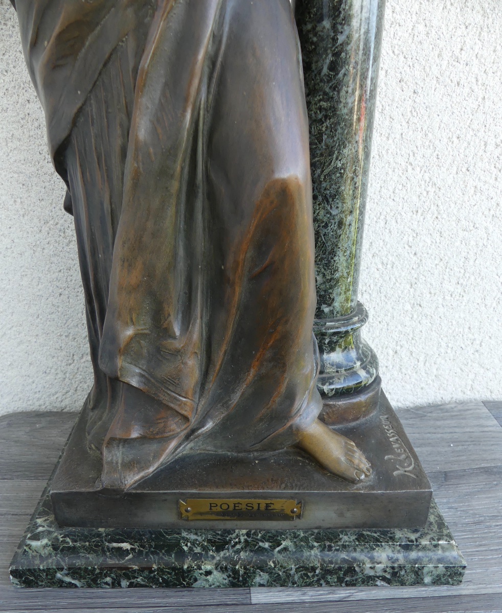 Sculpture, Young Woman, Spelter, Marble,  "poésie", Circa 1900 By H.levasseur, Art Nouveau.-photo-4