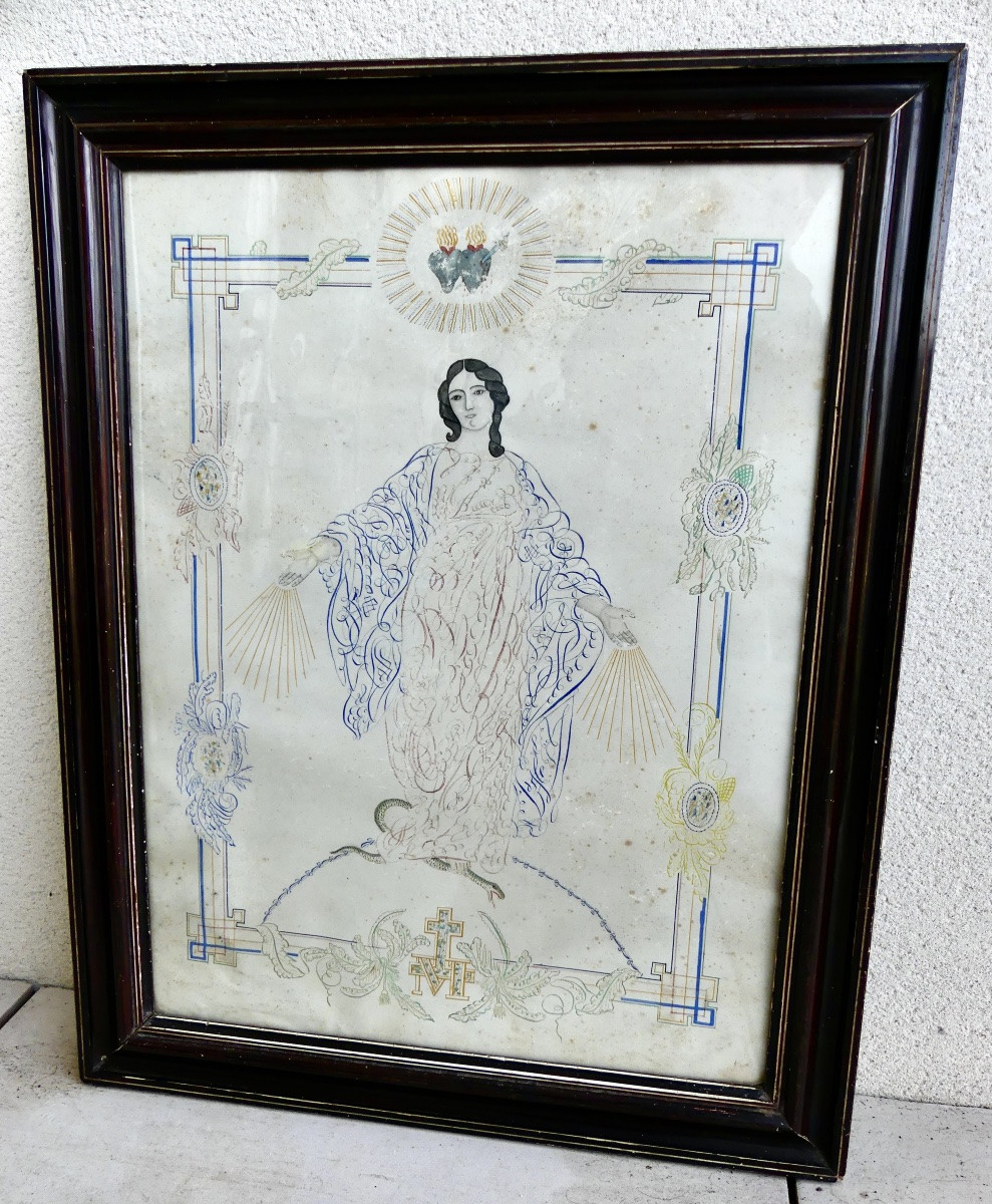 Ink Drawing, Virgin Mary, 19th Century, Folk Art.-photo-7