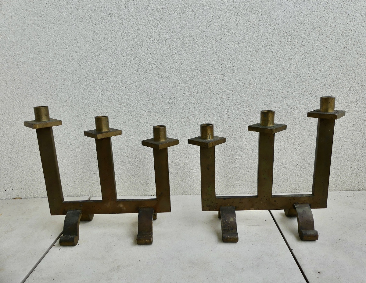 Paire candélabres bronze patiné, art brut, XX ème.