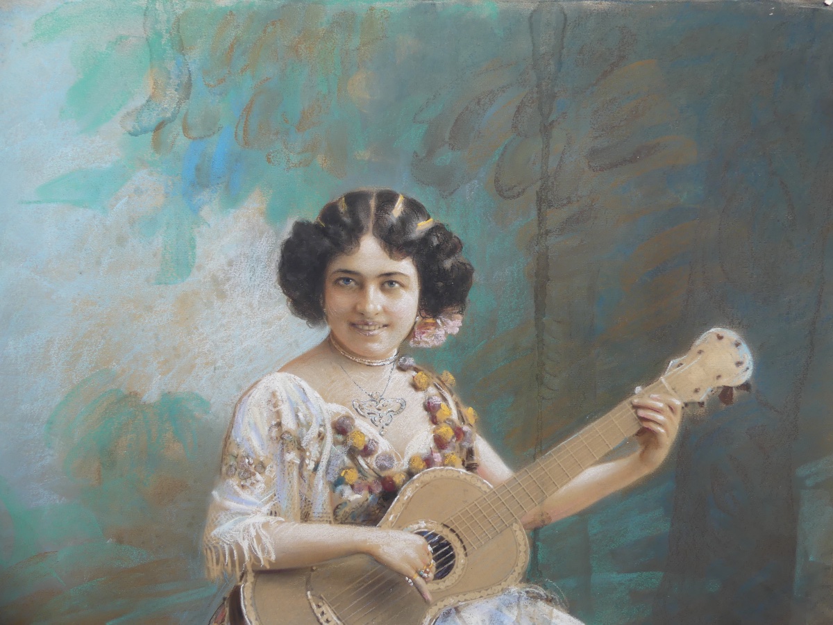 Portrait, la  joueuse Espagnole de guitare flamenca, pastel, signé, XIX ème.-photo-3