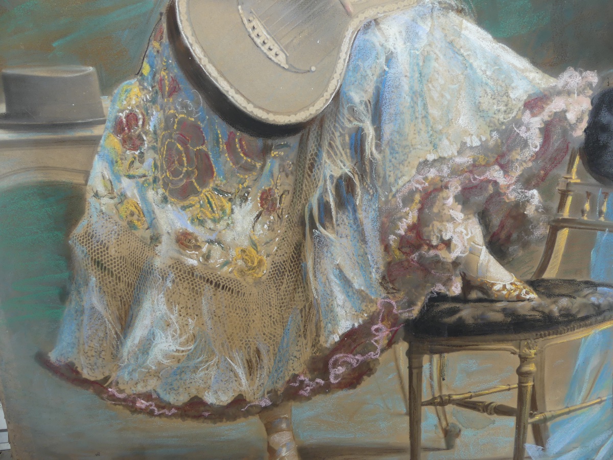 Portrait, la  joueuse Espagnole de guitare flamenca, pastel, signé, XIX ème.-photo-4