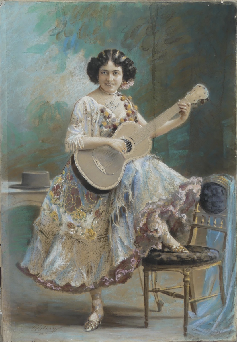 Portrait, la  joueuse Espagnole de guitare flamenca, pastel, signé, XIX ème.