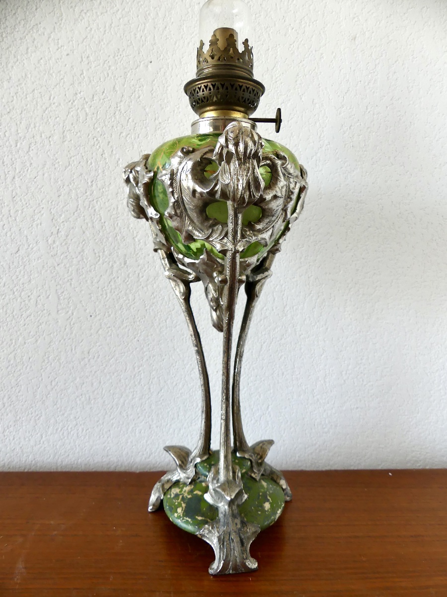 Kerosene Lamp, Silver-plated Metal, Marble, Glass, Circa 1900, Art Nouveau.-photo-2