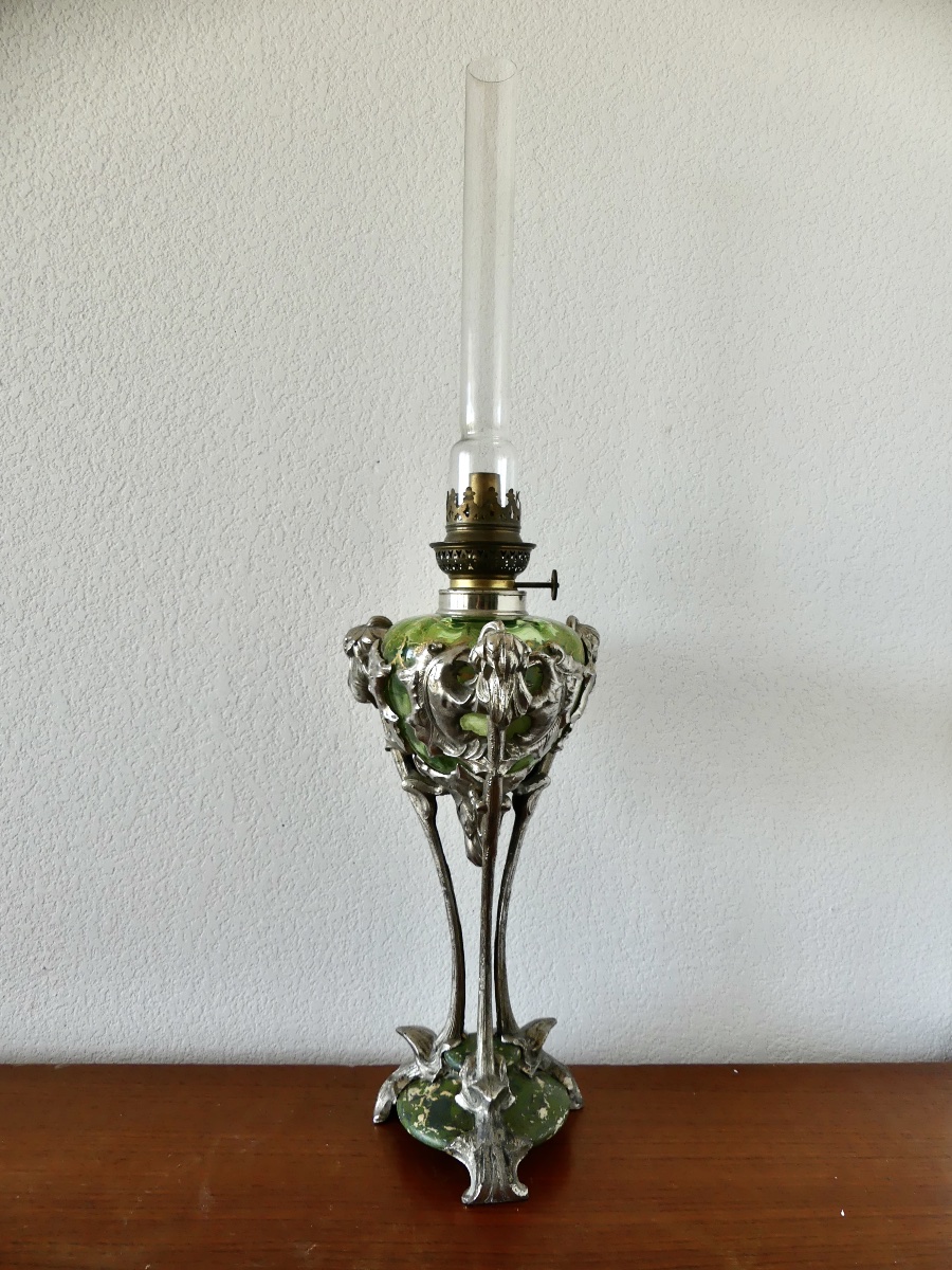 Kerosene Lamp, Silver-plated Metal, Marble, Glass, Circa 1900, Art Nouveau.-photo-3