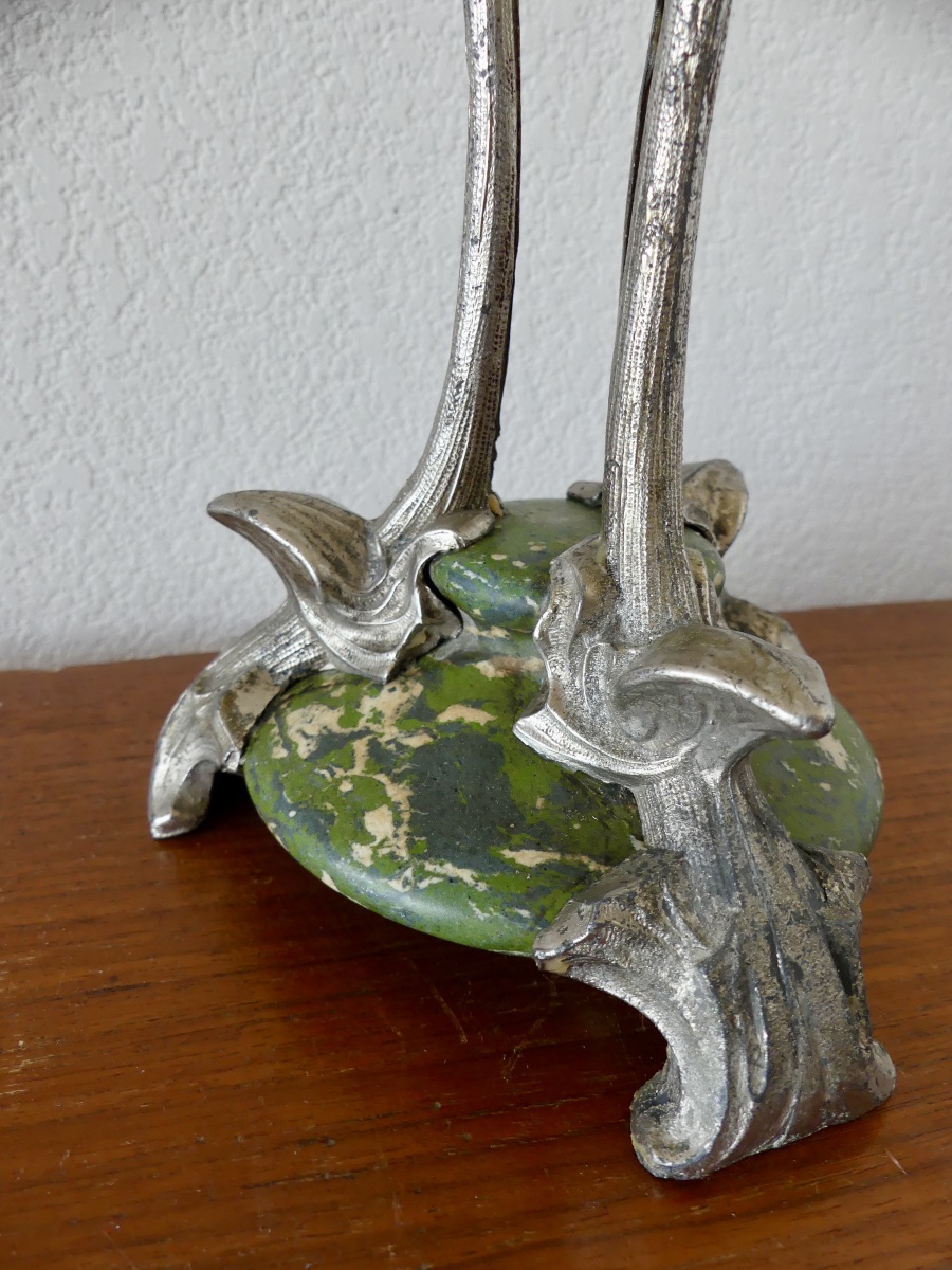 Kerosene Lamp, Silver-plated Metal, Marble, Glass, Circa 1900, Art Nouveau.-photo-4