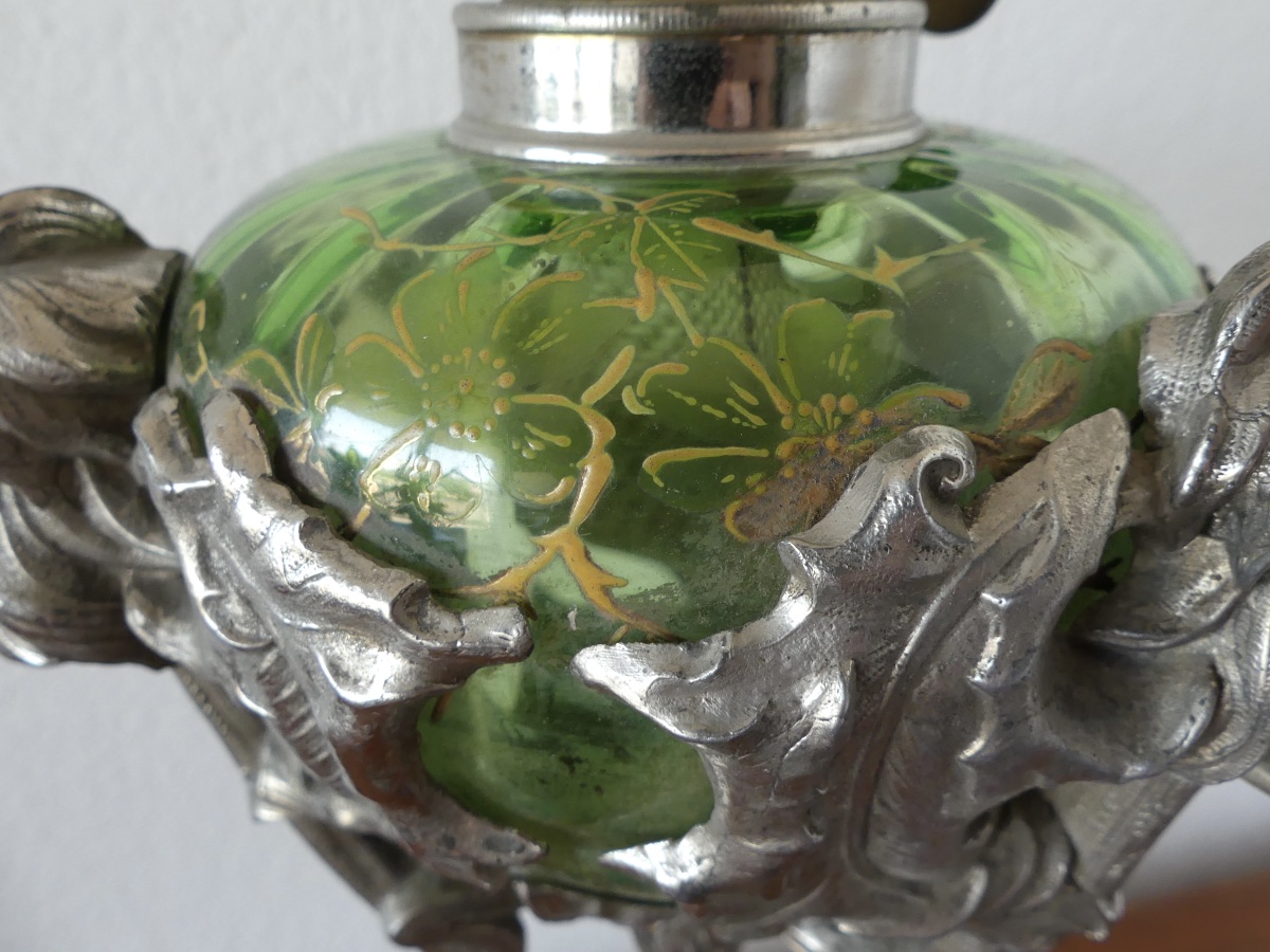 Kerosene Lamp, Silver-plated Metal, Marble, Glass, Circa 1900, Art Nouveau.-photo-6
