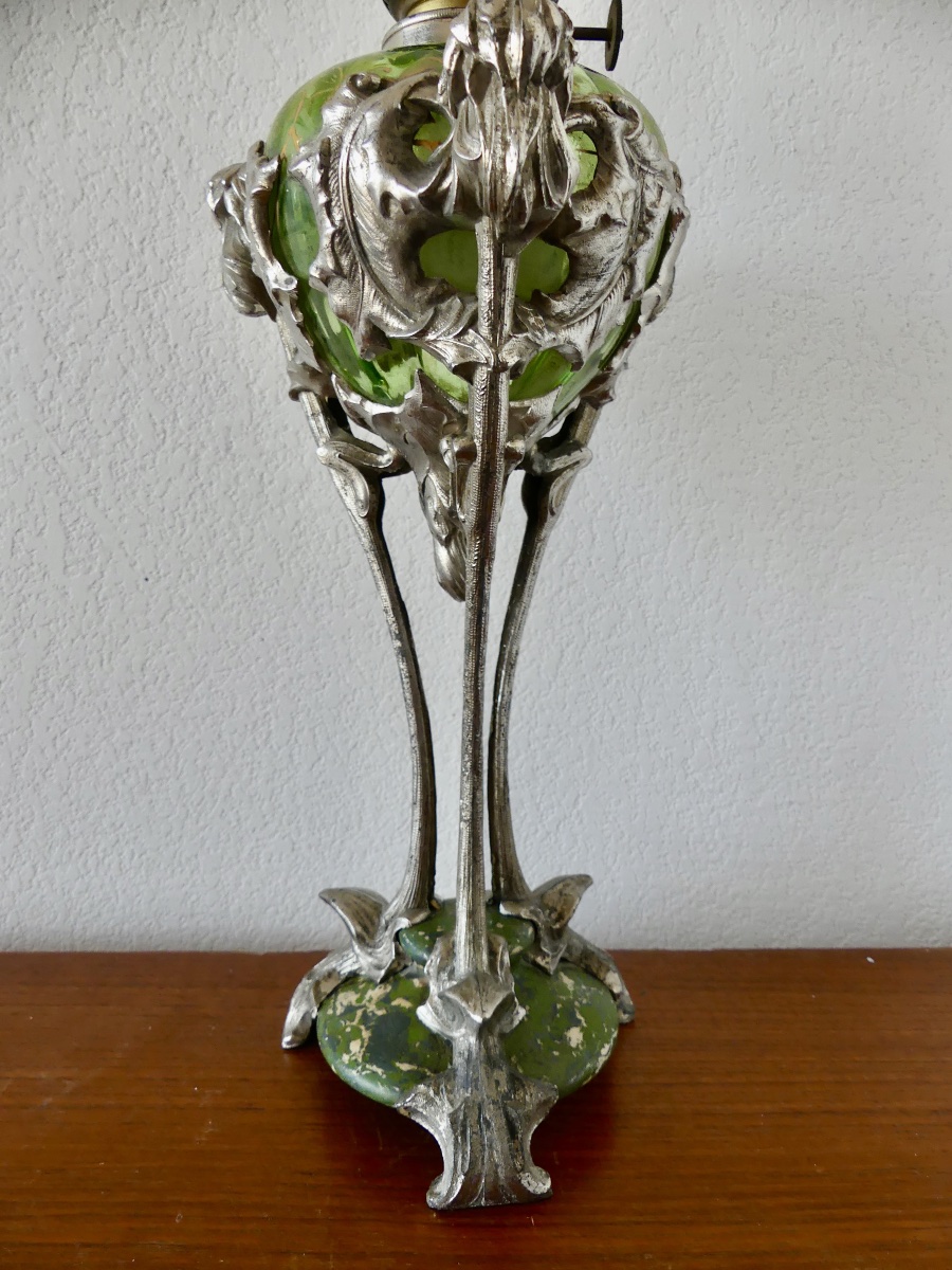 Kerosene Lamp, Silver-plated Metal, Marble, Glass, Circa 1900, Art Nouveau.-photo-7