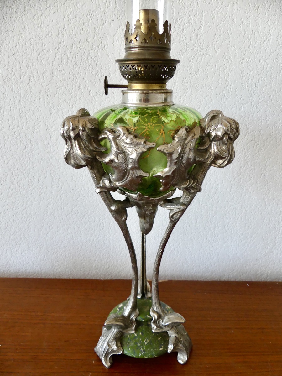 Kerosene Lamp, Silver-plated Metal, Marble, Glass, Circa 1900, Art Nouveau.