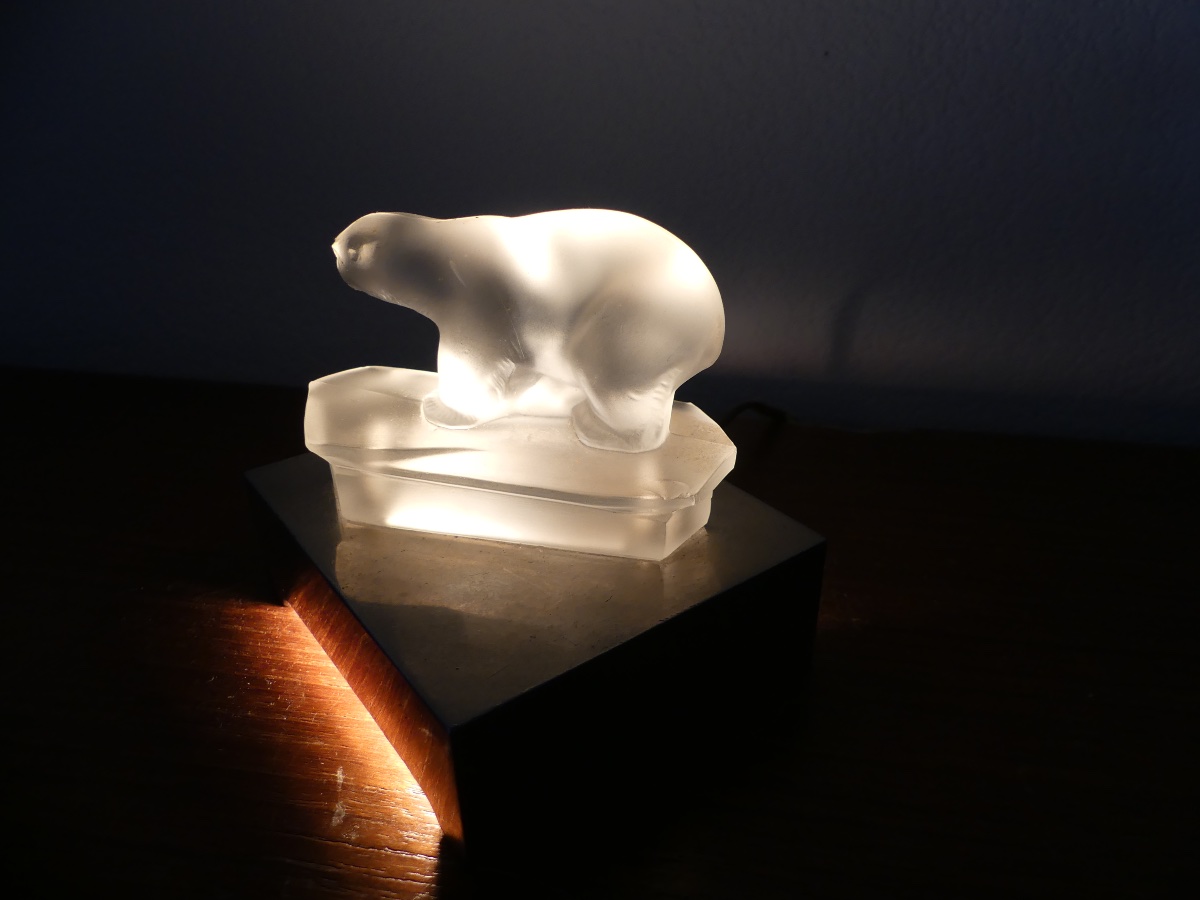 Lamp, Glass Nightlight, Chrome Base, Polar Bear, Art Deco, 1930.-photo-1