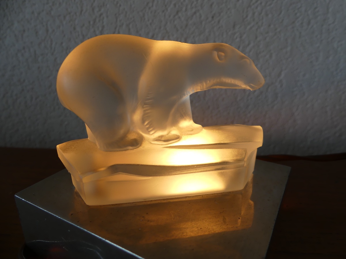 Lamp, Glass Nightlight, Chrome Base, Polar Bear, Art Deco, 1930.-photo-5
