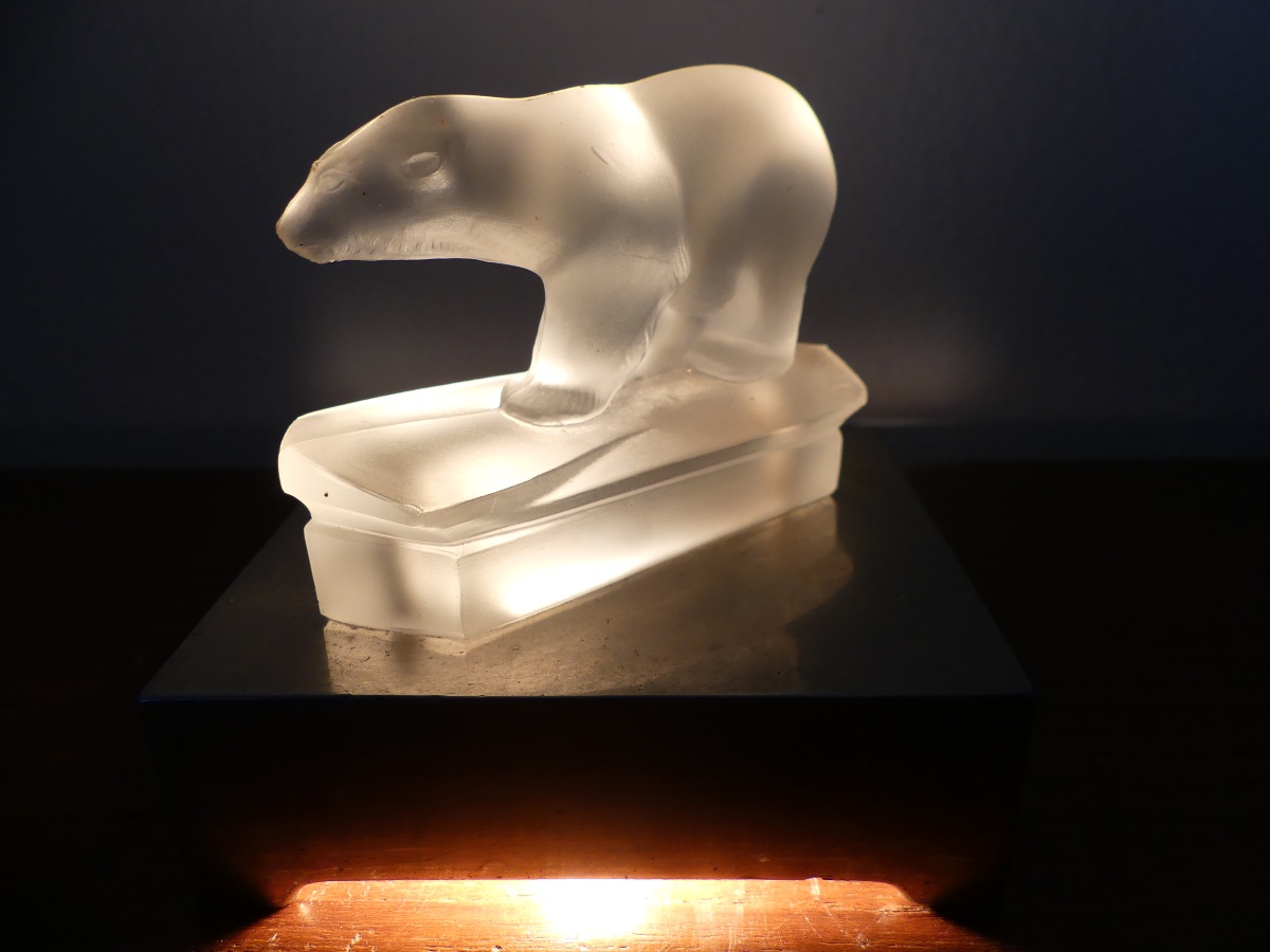 Lamp, Glass Nightlight, Chrome Base, Polar Bear, Art Deco, 1930.