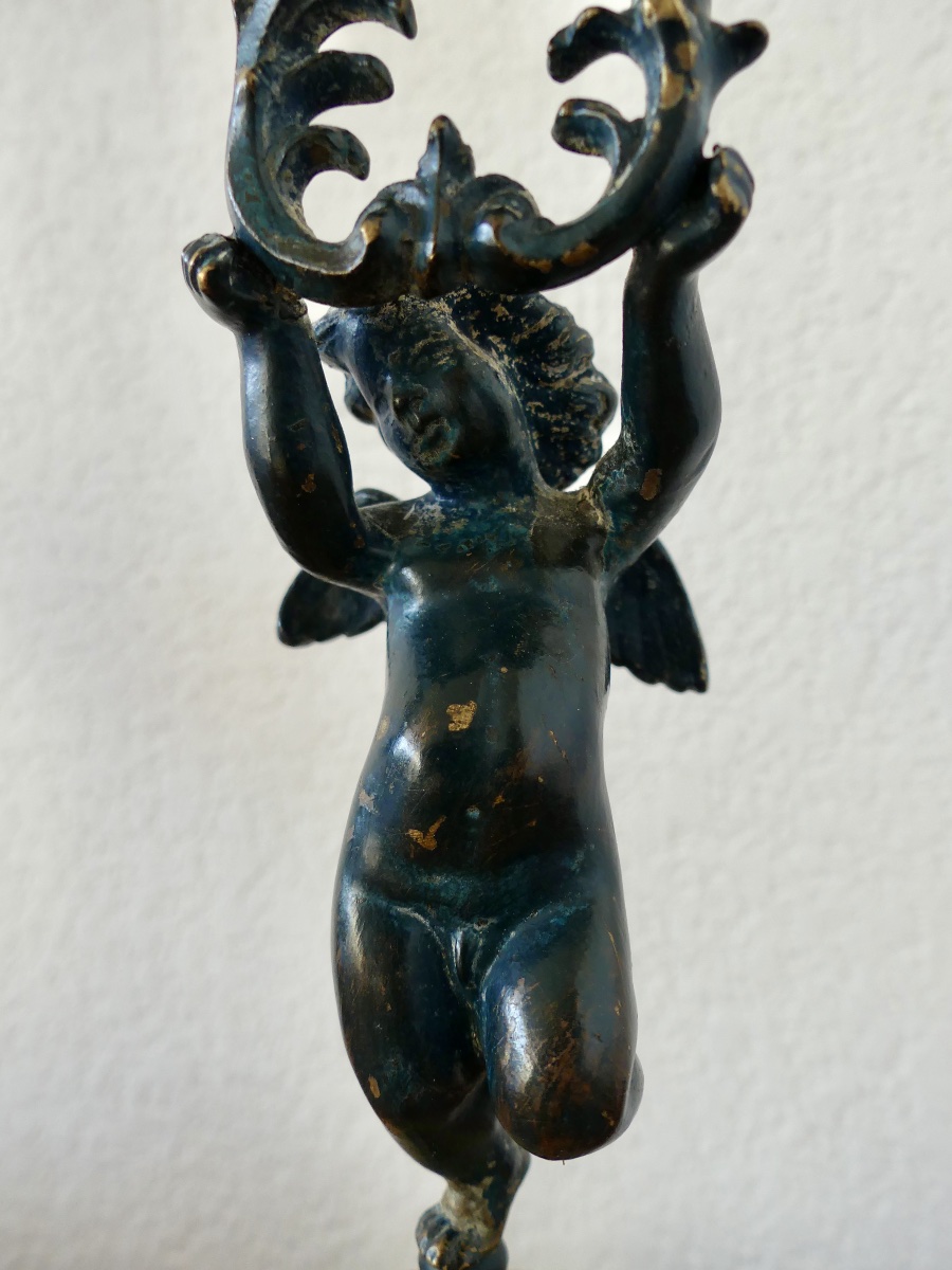 Pair Of Bronze Candlesticks With Two Patinas, Cherubs, Putti, Napoleon III Style-photo-2