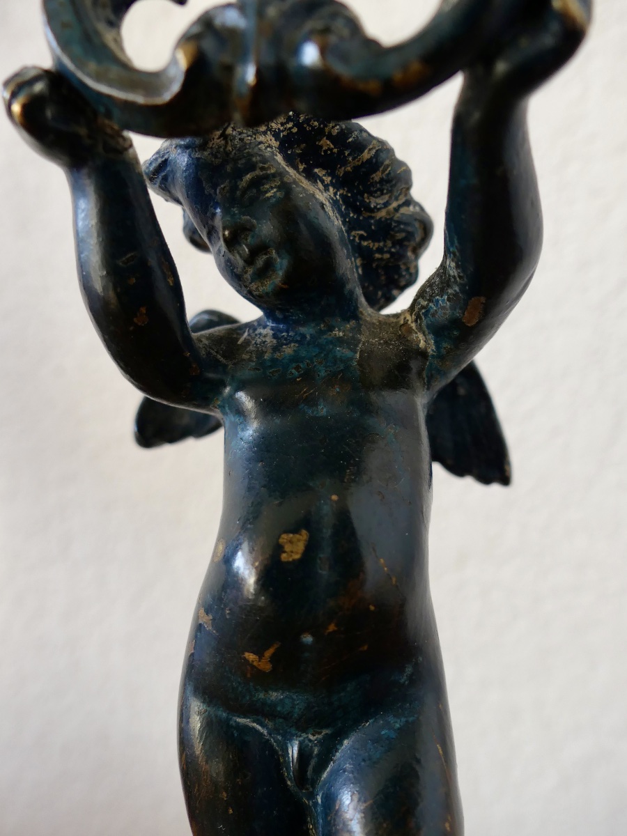 Pair Of Bronze Candlesticks With Two Patinas, Cherubs, Putti, Napoleon III Style-photo-3