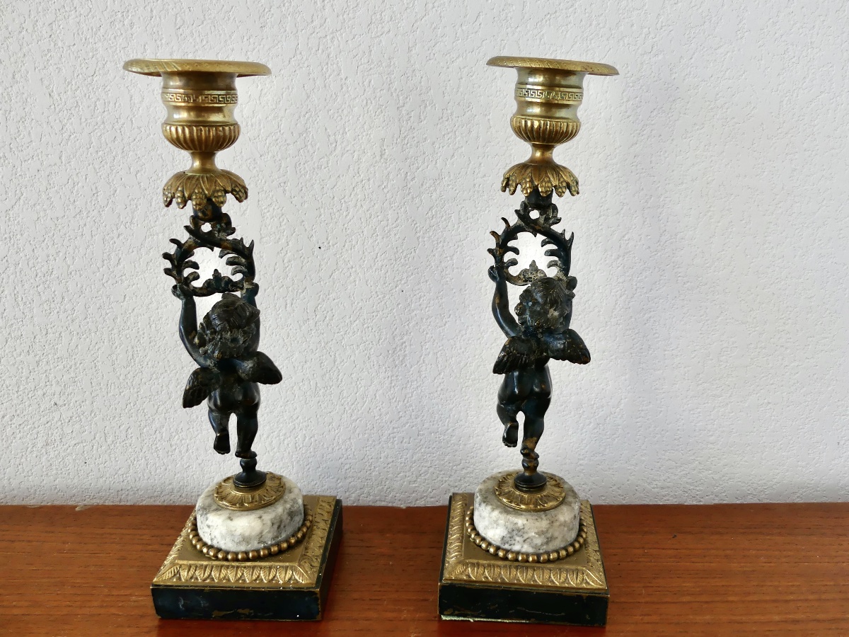 Pair Of Bronze Candlesticks With Two Patinas, Cherubs, Putti, Napoleon III Style-photo-4