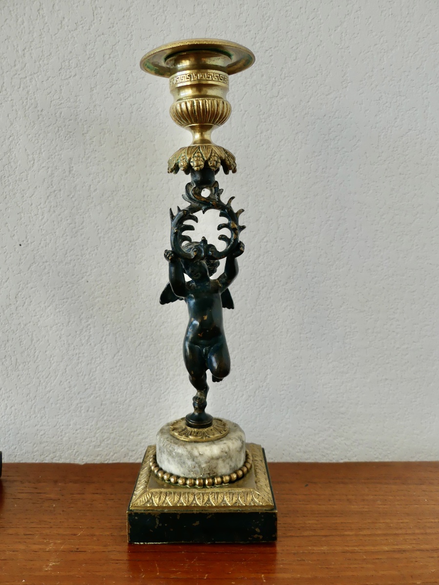 Pair Of Bronze Candlesticks With Two Patinas, Cherubs, Putti, Napoleon III Style-photo-3