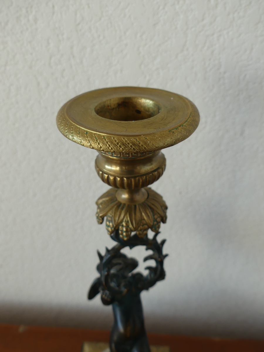 Pair Of Bronze Candlesticks With Two Patinas, Cherubs, Putti, Napoleon III Style-photo-7