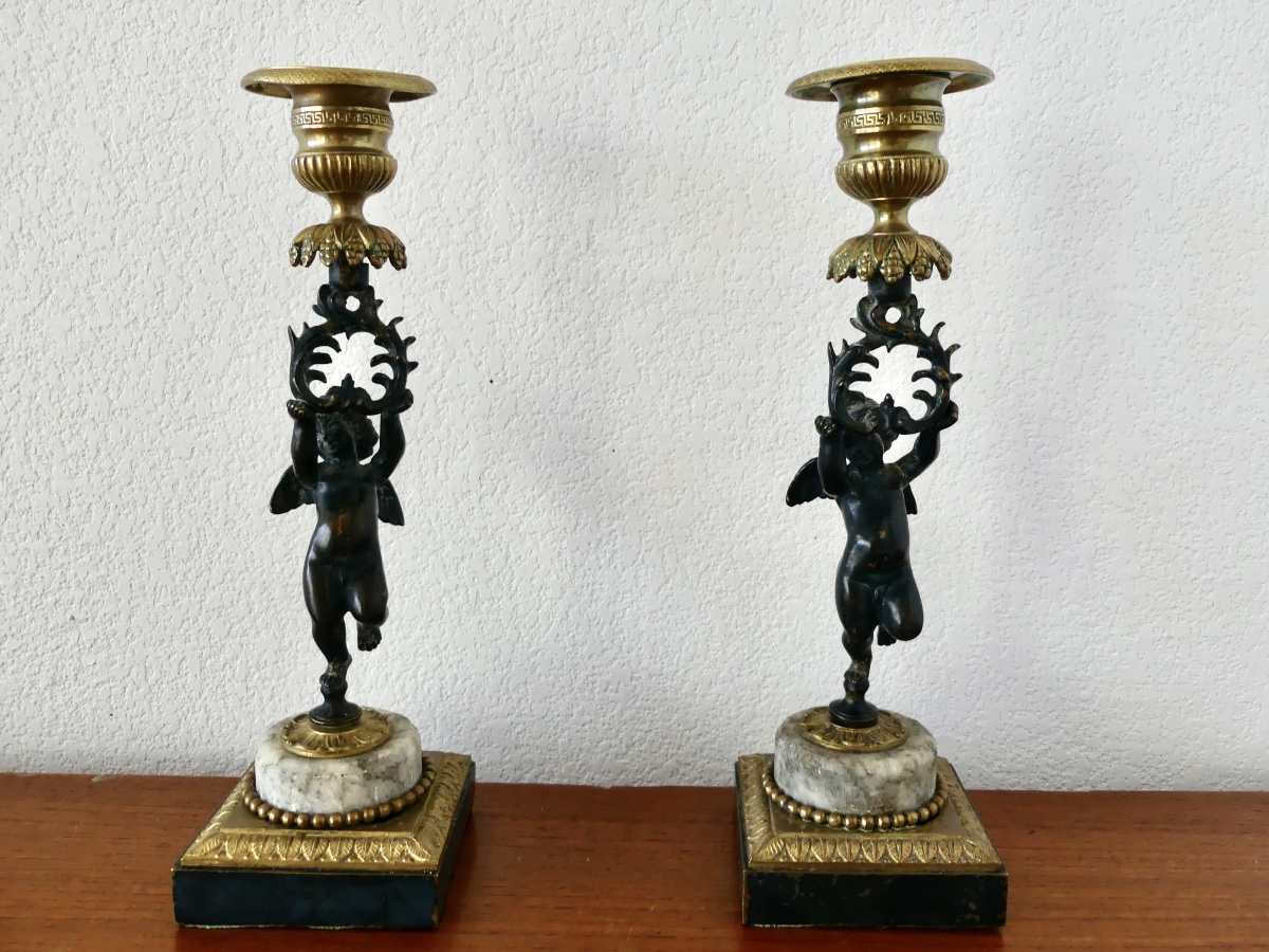 Pair Of Bronze Candlesticks With Two Patinas, Cherubs, Putti, Napoleon III Style