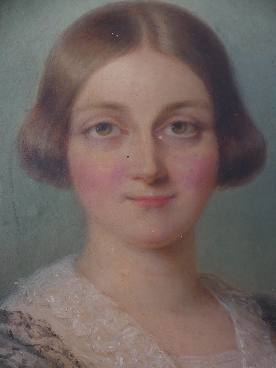 Portrait Of A Young Woman, Signed N.l. 1855, 19th Century-photo-2