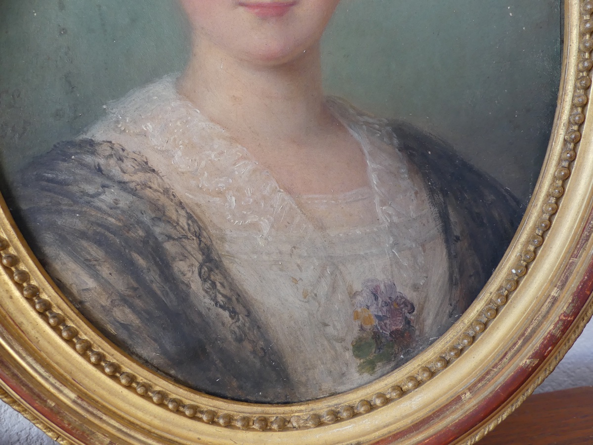 Portrait Of A Young Woman, Signed N.l. 1855, 19th Century-photo-4