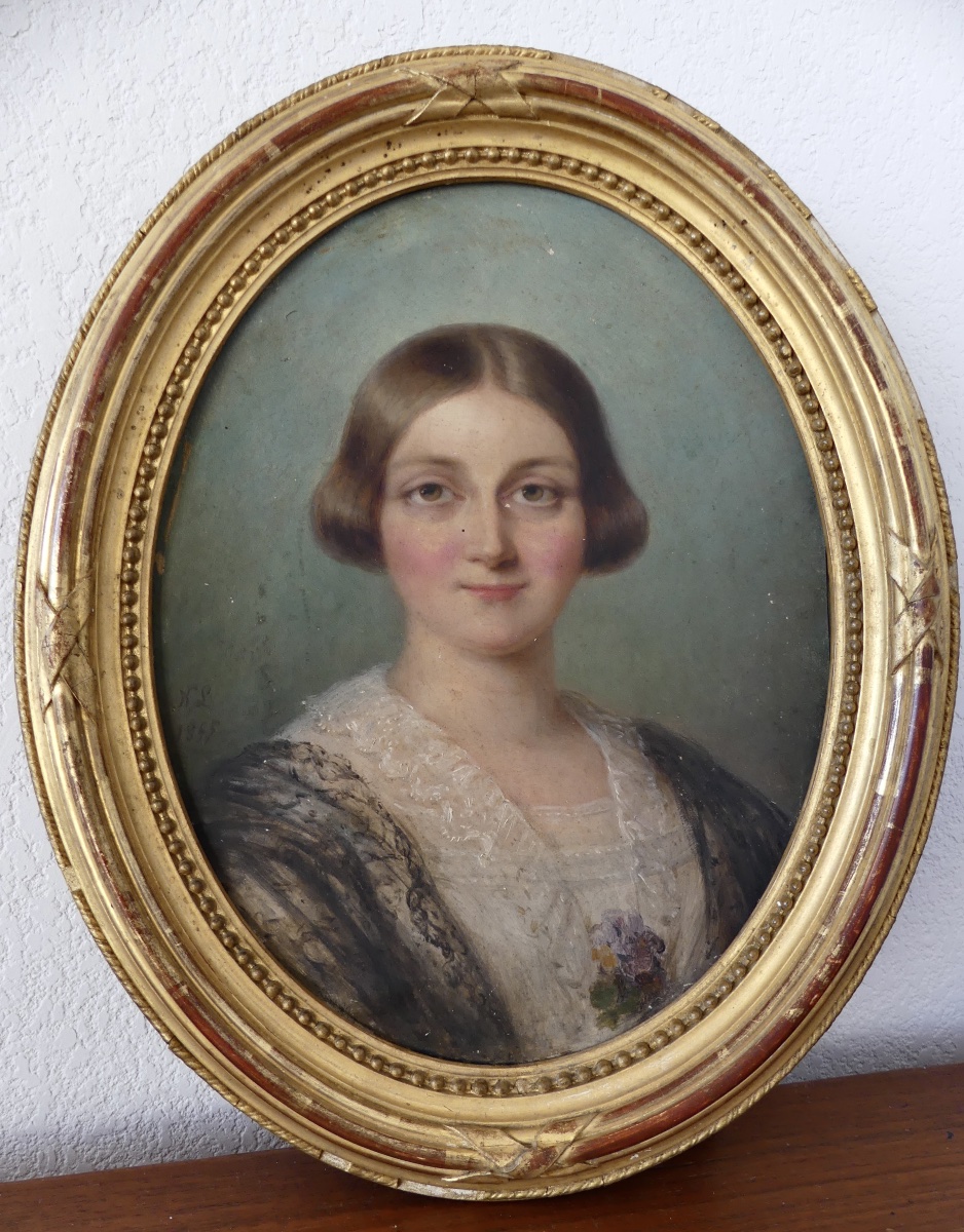 Portrait Of A Young Woman, Signed N.l. 1855, 19th Century