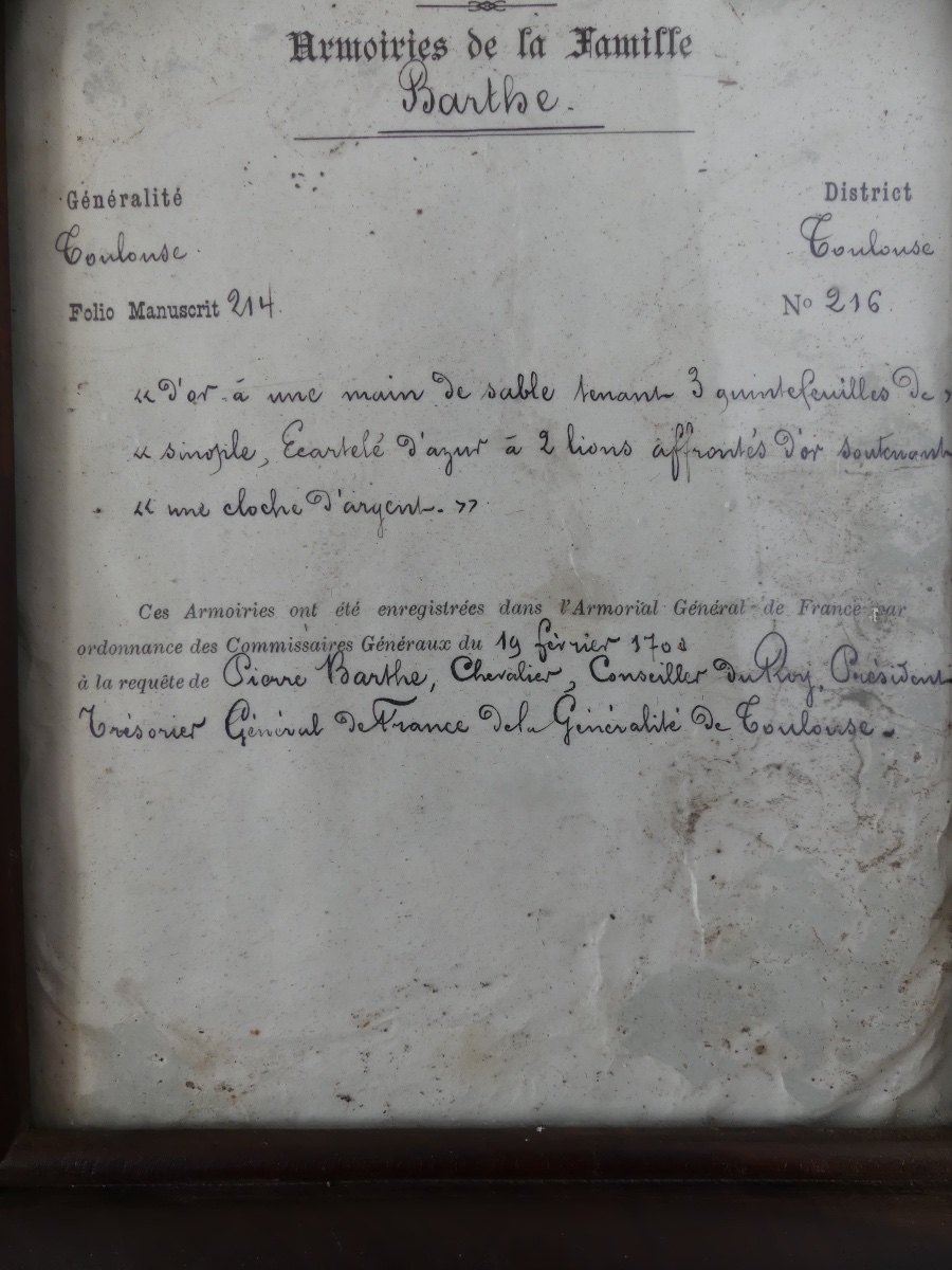 Excerpt From The Coat Of Arms Register, The Barthe Family Of Toulouse, Single-wood Frame, 19th Century-photo-3