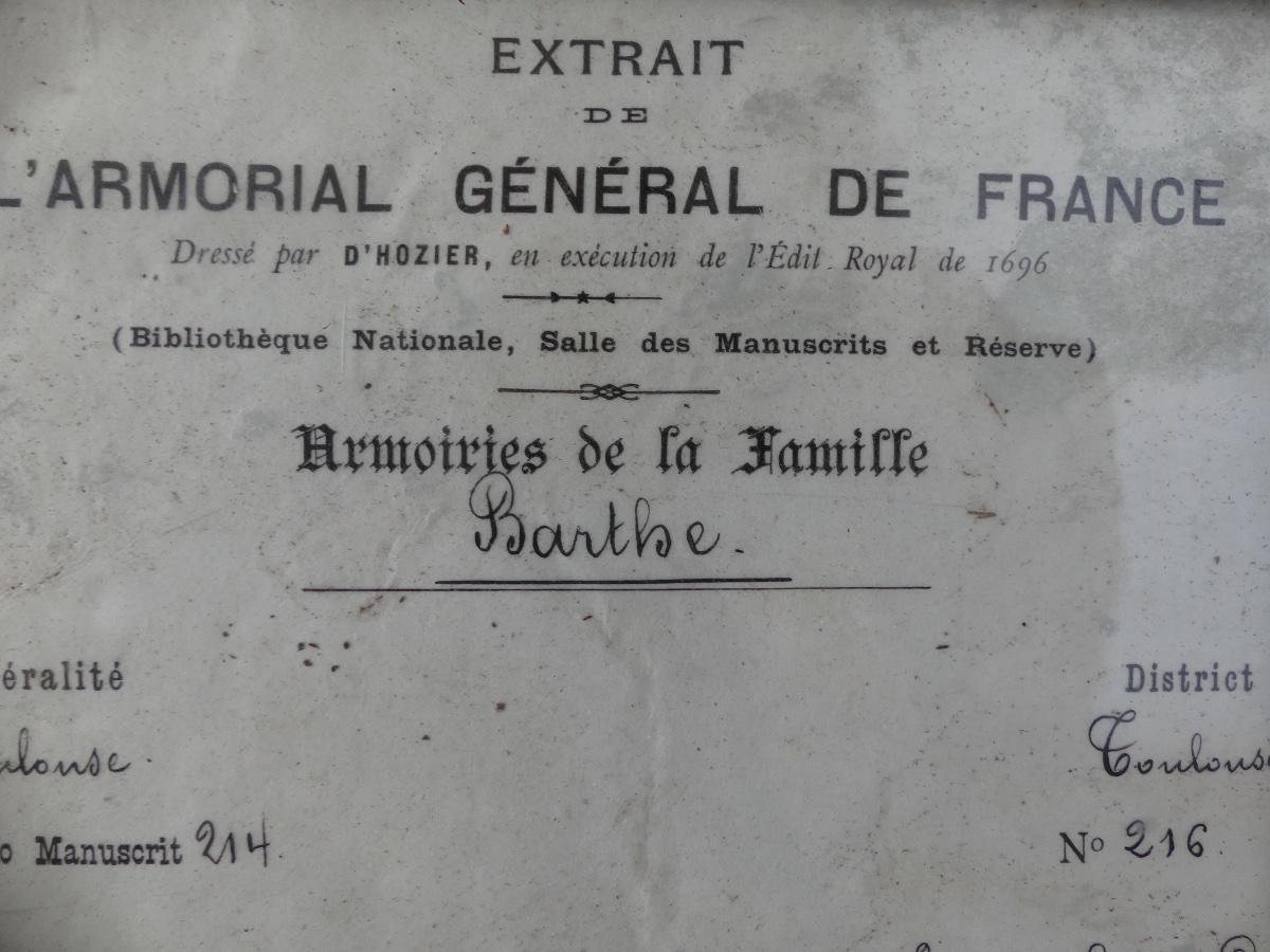 Excerpt From The Coat Of Arms Register, The Barthe Family Of Toulouse, Single-wood Frame, 19th Century-photo-4