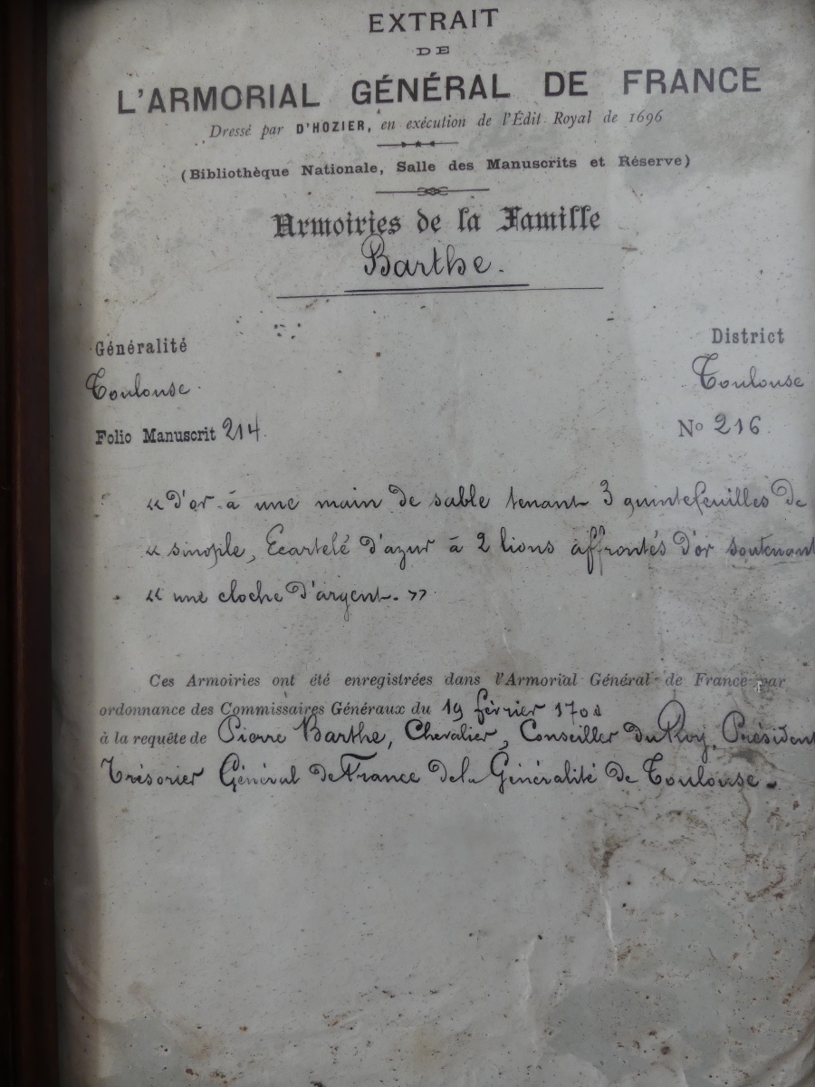 Excerpt From The Coat Of Arms Register, The Barthe Family Of Toulouse, Single-wood Frame, 19th Century-photo-1