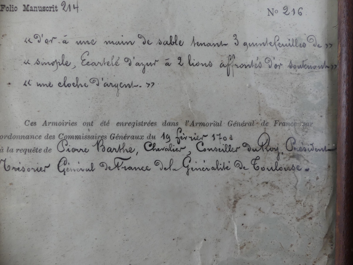 Excerpt From The Coat Of Arms Register, The Barthe Family Of Toulouse, Single-wood Frame, 19th Century-photo-2