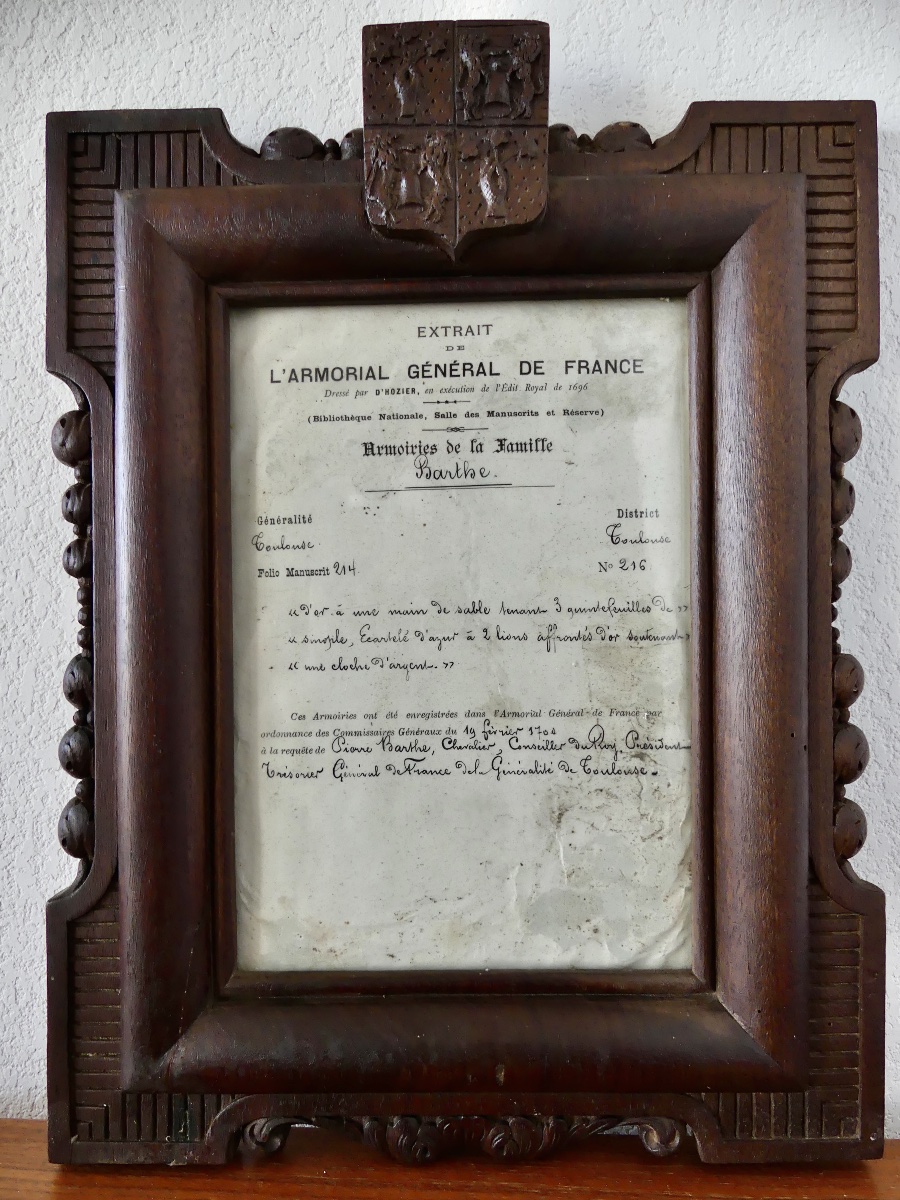 Excerpt From The Coat Of Arms Register, The Barthe Family Of Toulouse, Single-wood Frame, 19th Century
