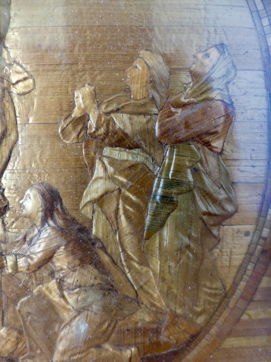 Marqueterie de paille gauffrée, sous verre, descente de croix, XVIII ème.-photo-4