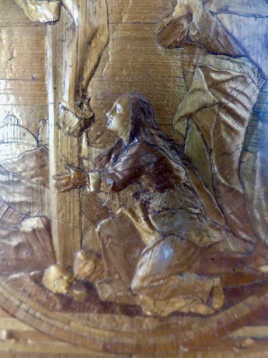 Marqueterie de paille gauffrée, sous verre, descente de croix, XVIII ème.-photo-1