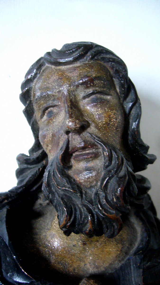 Tête De Saint En Bois Polychrome Et Sculpté XVII ème -photo-3