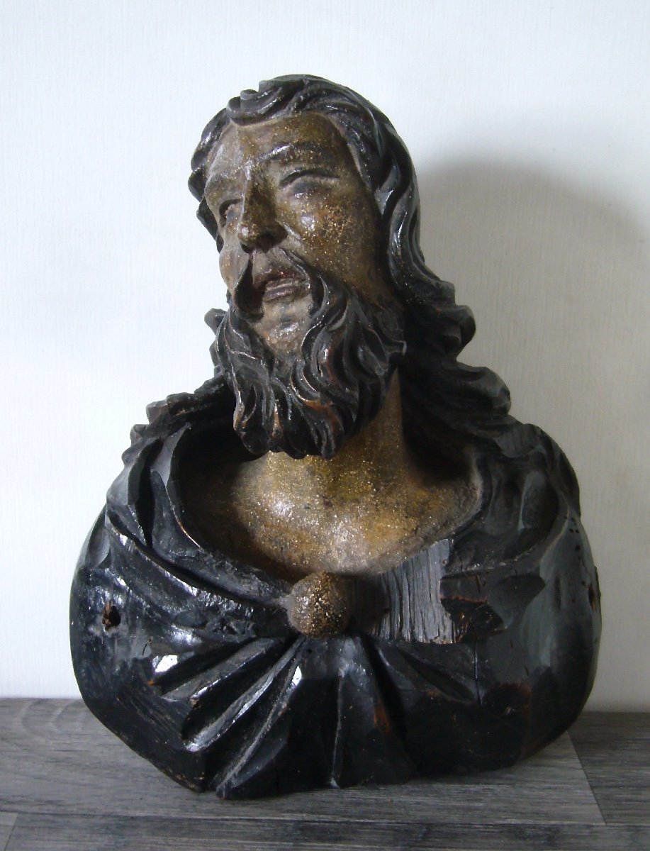 Tête De Saint En Bois Polychrome Et Sculpté XVII ème 