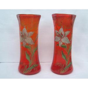 Pair Of Enameled Vases Attributed To Legras-montjoye