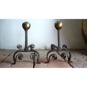 Pair Of Wrought Iron And Bronze Andirons, 17th Century.
