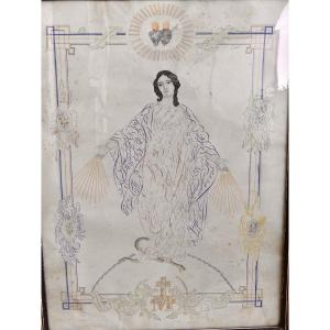 Ink Drawing, Virgin Mary, 19th Century, Folk Art.