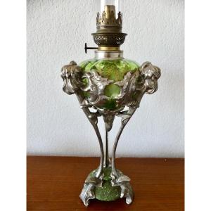 Kerosene Lamp, Silver-plated Metal, Marble, Glass, Circa 1900, Art Nouveau.