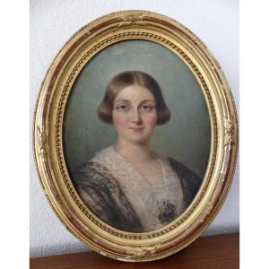 Portrait jeune femme, signé N.L 1855, XIX ème